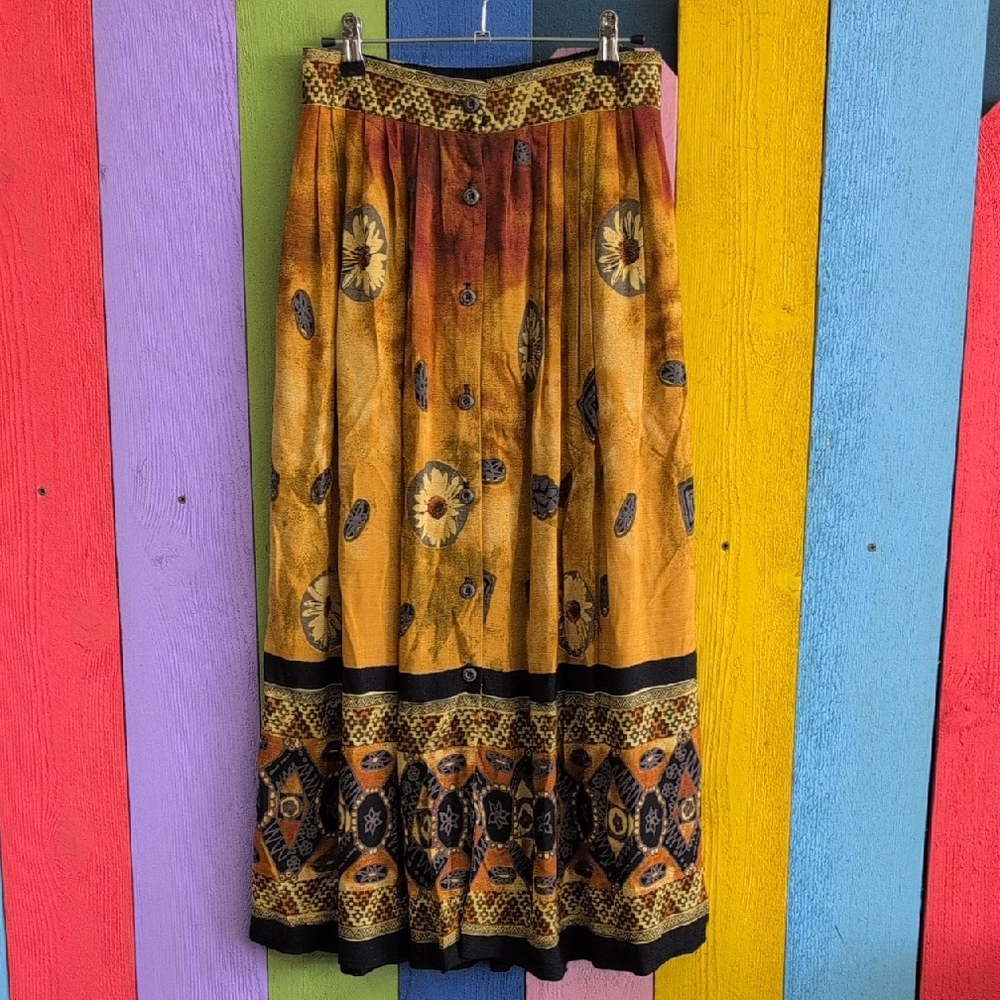 Vintage Orange and Yellow Smocked Maxi Skirt